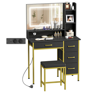 Tocador de Maquillaje con Espejo y Luces LED, Estación de Carga, Tocador con Taburete, 3 Colores de Luz, 4 Cajones de Tela, Estantes, para Dormitorio, Negro