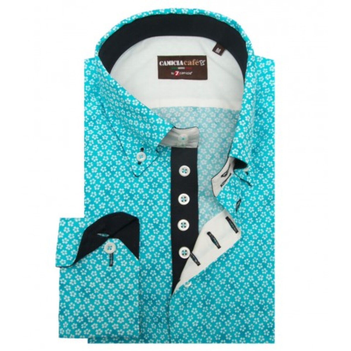 Camicia Uomo 2 Bottoni Button Down 7 Bottoni Slim Cotone Poliestere Stampa Turchese chiaro e Bianco