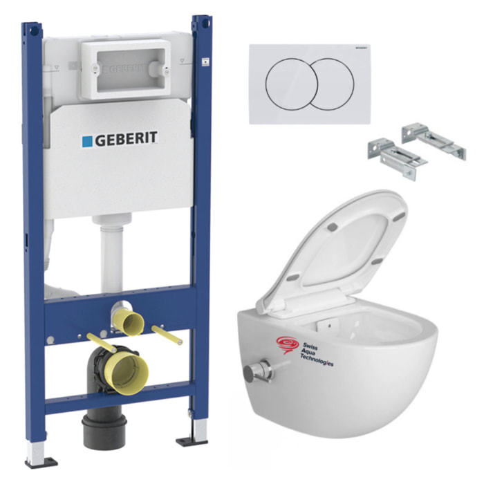 Pack WC Bati-support Geberit + WC sans bride SAT avec bidet thermostatique + Abattant softclose + Plaque Blanche (SATCleanGeb3)