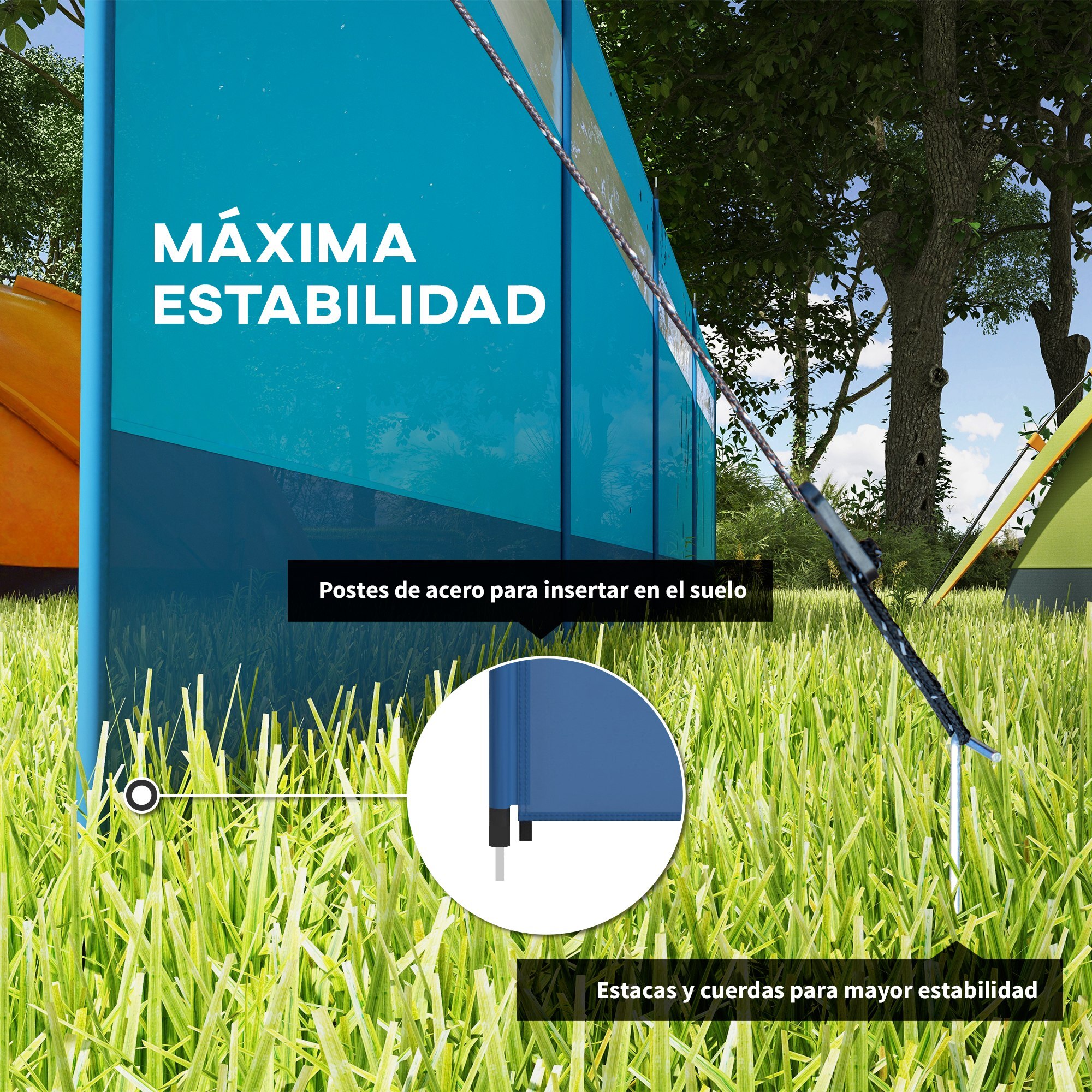 Cortavientos para Camping de 4 Paneles 725x140 cm Paravientos Playa con Panel Superior Transparente Postes de Acero Estacas y Bolsa de Transporte Impermeable para Jardín Playa Azul