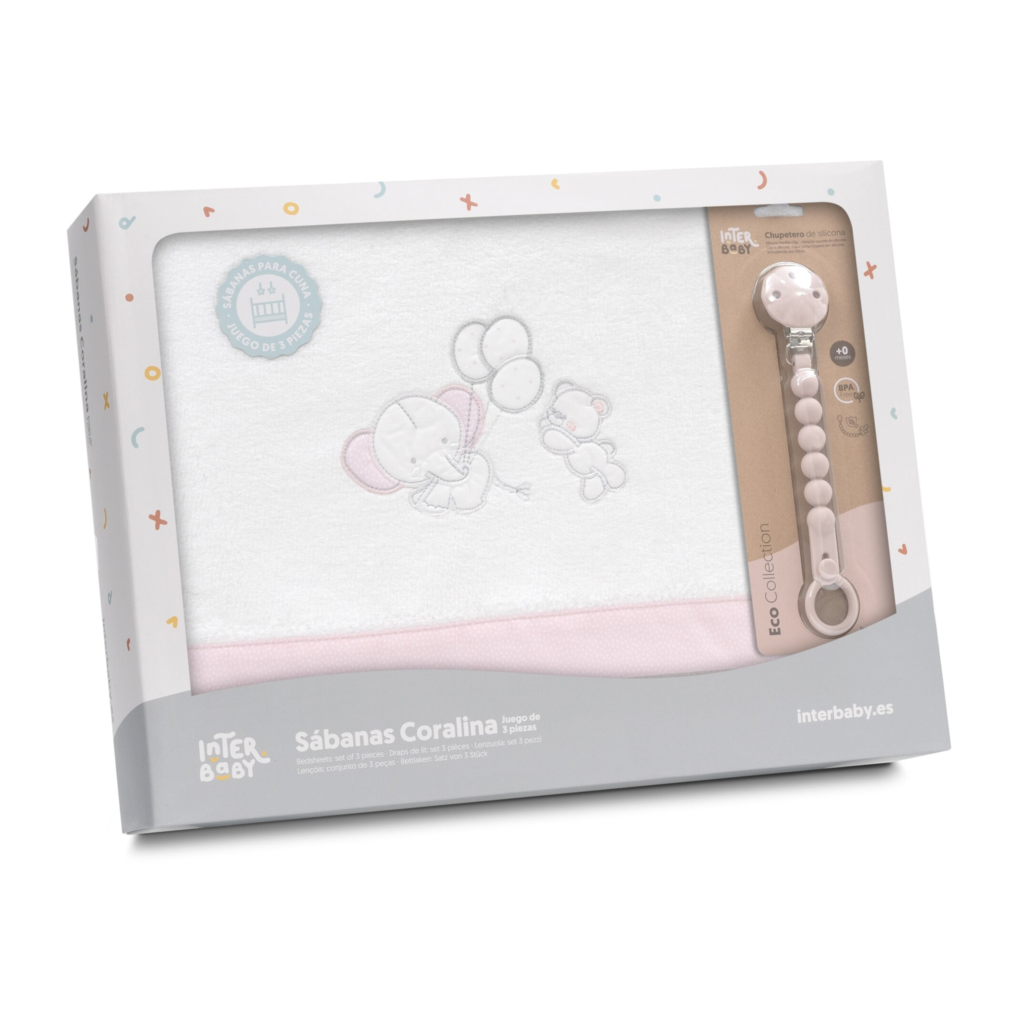 Triptico Cuna Coralina Oso Elefante Globos +Broche Bco/Rosa