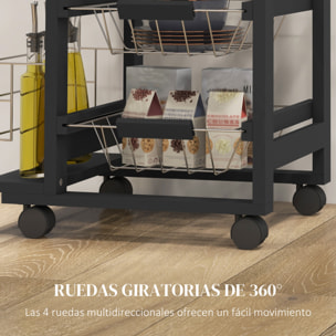 Carrito de Cocina con Ruedas Carrito Multiusos con Cajón 4 Cestas Extraíbles de Metal y Bastidores Laterales 47x37x83 cm Negro y Madera Natural