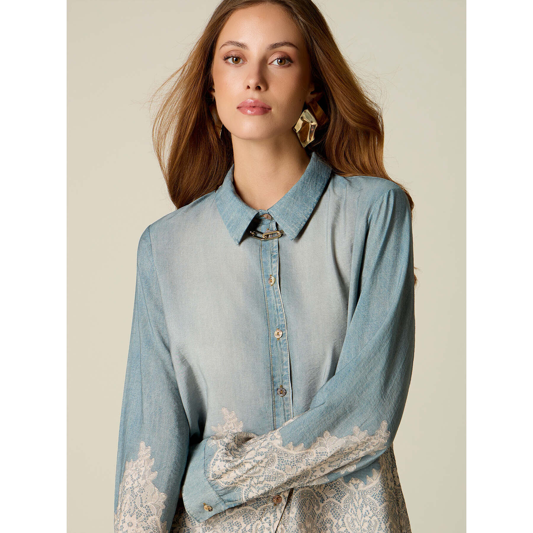 Oltre - Camicia effetto denim con pizzo - Azzurro