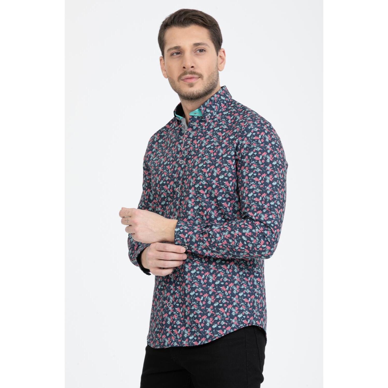 Camicia Uomo 1 Bottoni Button Down Slim Popeline Stampato Nero/Bianco