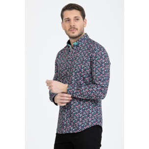 Camicia Uomo 1 Bottoni Button Down Slim Popeline Stampato Nero/Bianco