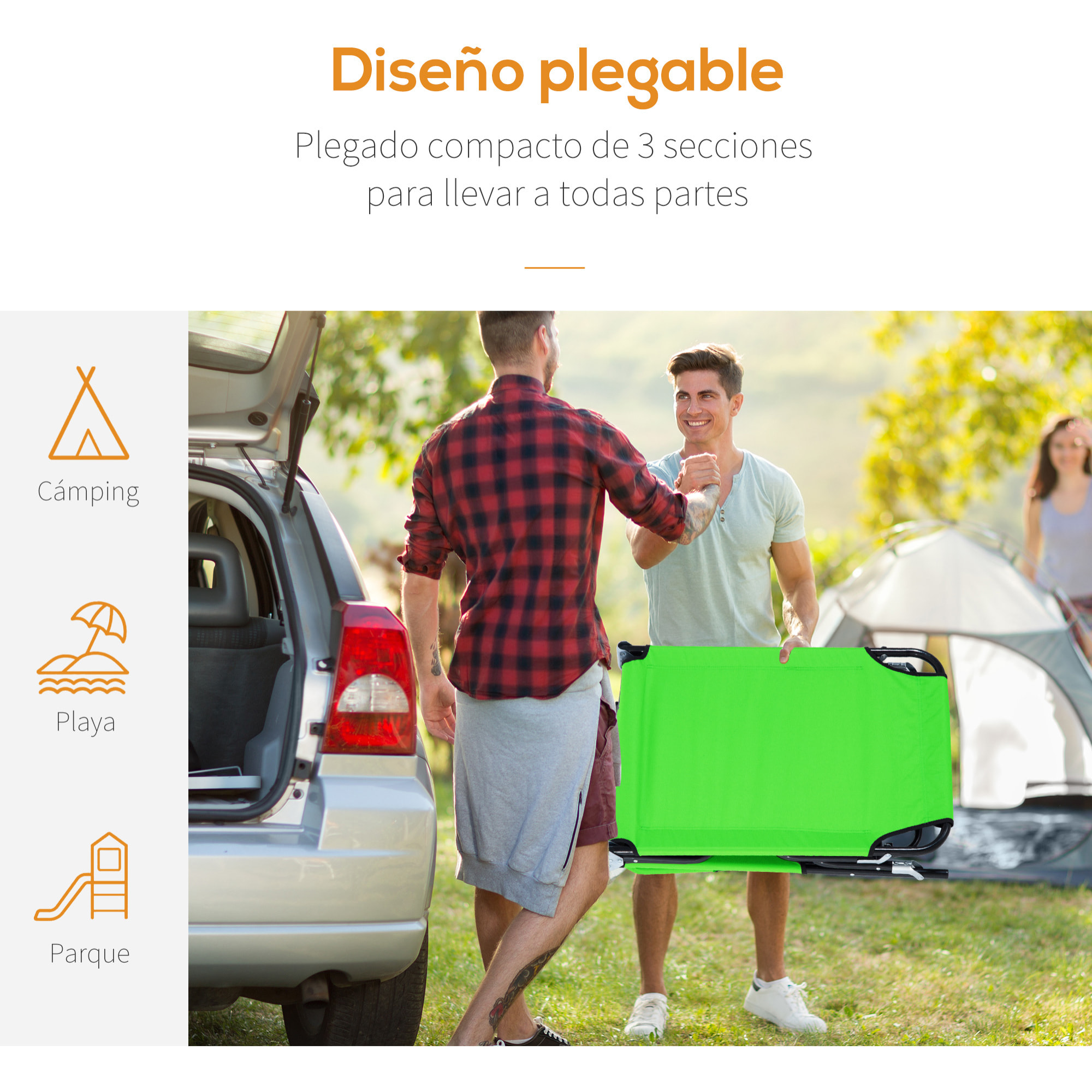 Tumbona Plegable con Respaldo Ajustable Almohada para Camping 190x56x28 cm Verde