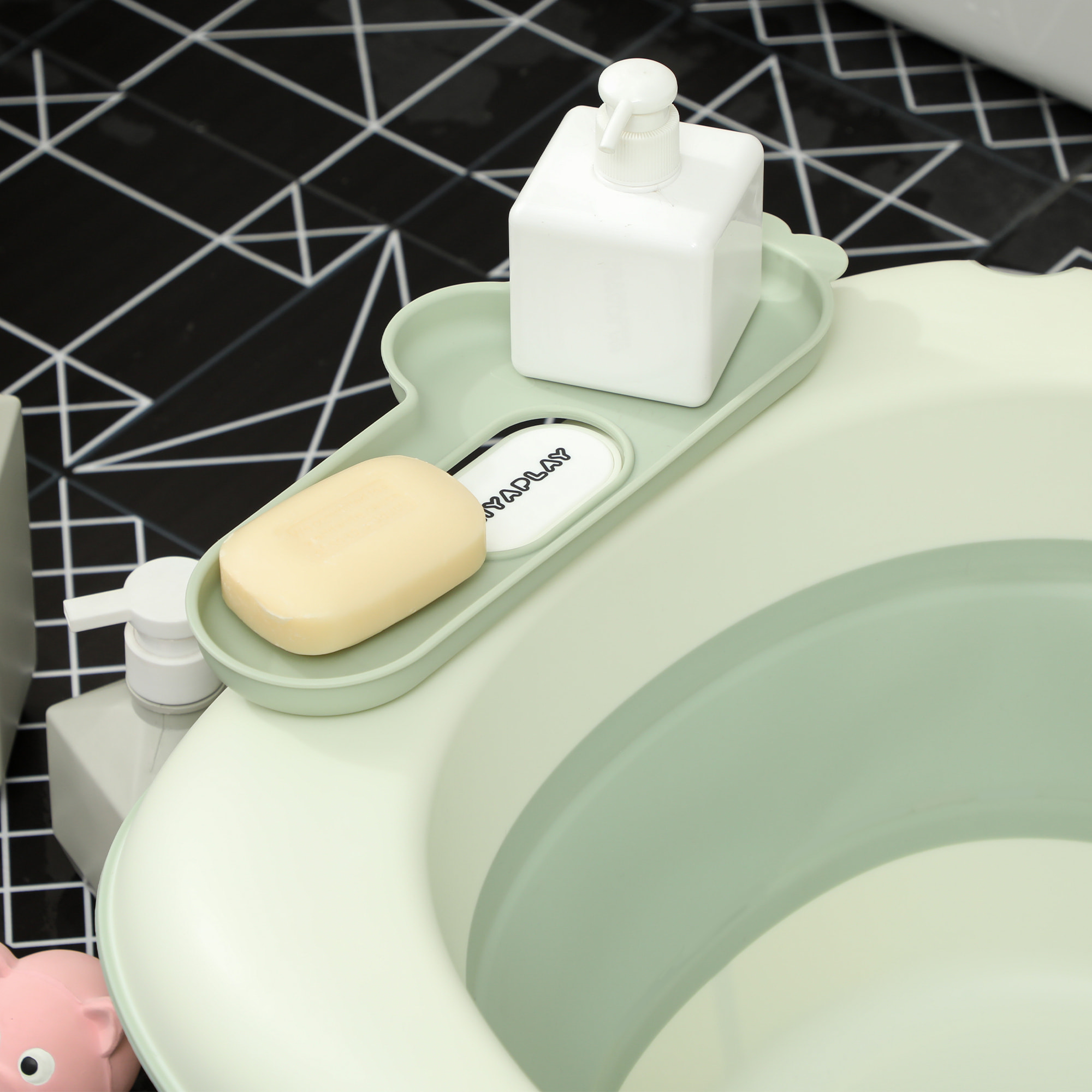 Bañera Plegable Bebé, Bañera Portátil con Cojín de Baño, Soporte con Botón, Orificio de Drenaje y de Ducha, Repisa, Gancho, para Recién Nacidos y Bebé hasta 3 Años, Verde