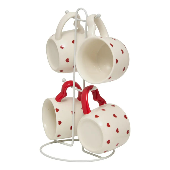 Coffret 4 mugs sur rack Valentine motif à coeurs
