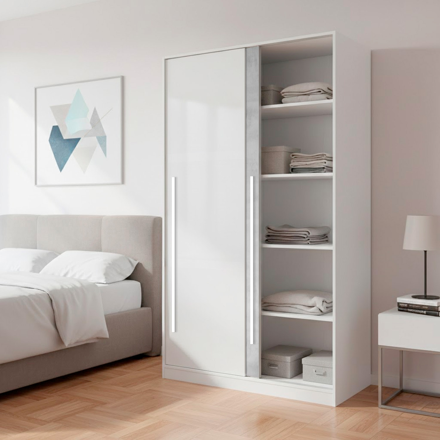 Armadio Guardaroba A Parete Con Ante Scorrevoli Barra Appendiabiti 4 Ripiani Salvaspazio Stile Scandinavo 200 x 120 x 50 Cm Bianco E Grigio Cemento