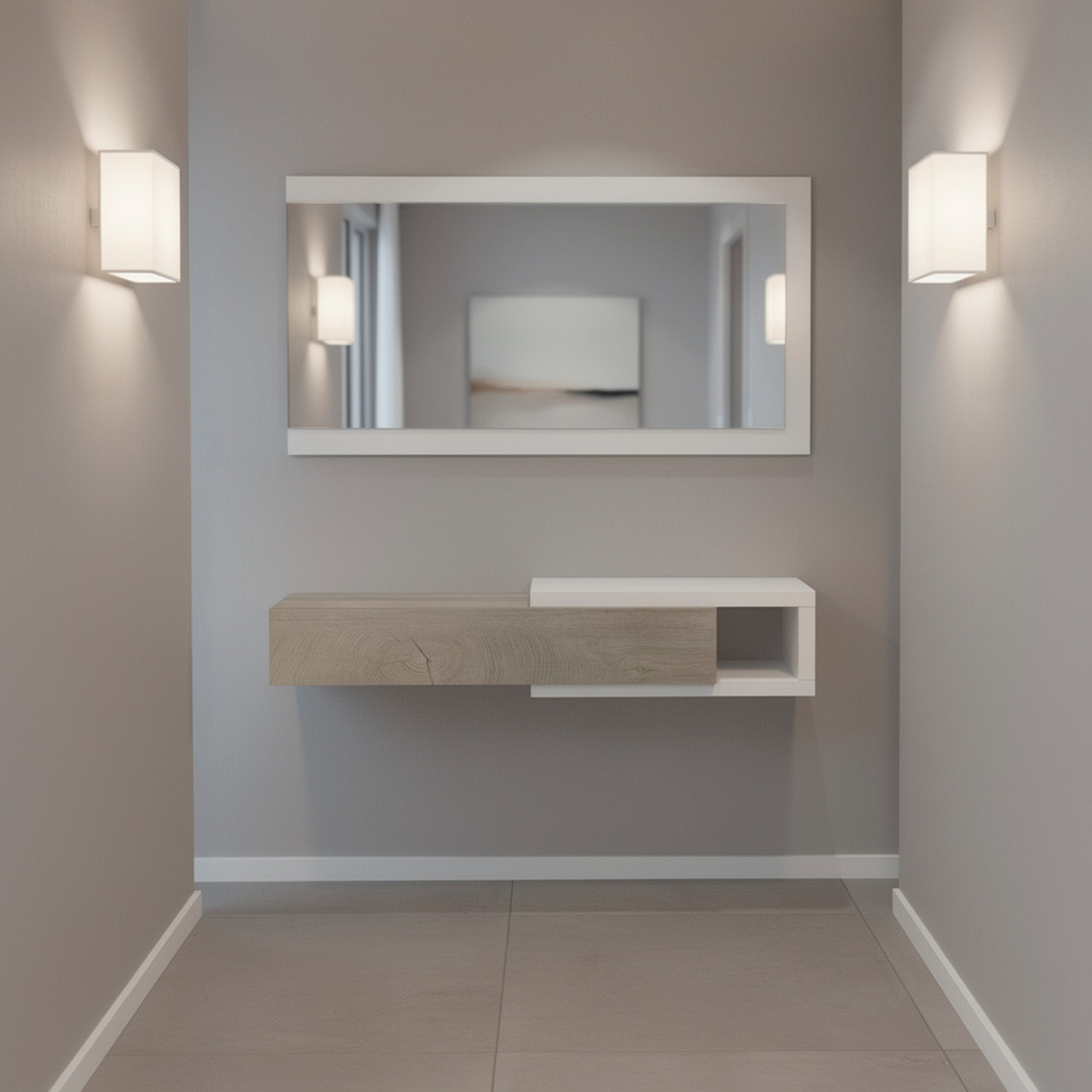 Mobile Maiorca Mobiletto da Ingresso Sospeso con Cassetto Mensola e Specchio Arredo Arredamento Sala 95 x 19 x 26 cm Bianco e Rovere Alaska