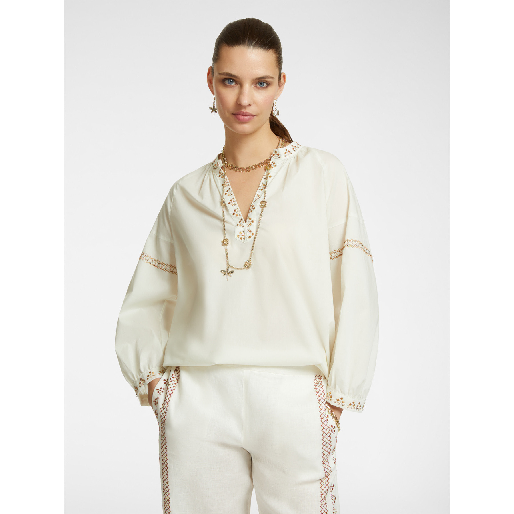 Elena Mirò - Blusa con bordado étnico - Blanco
