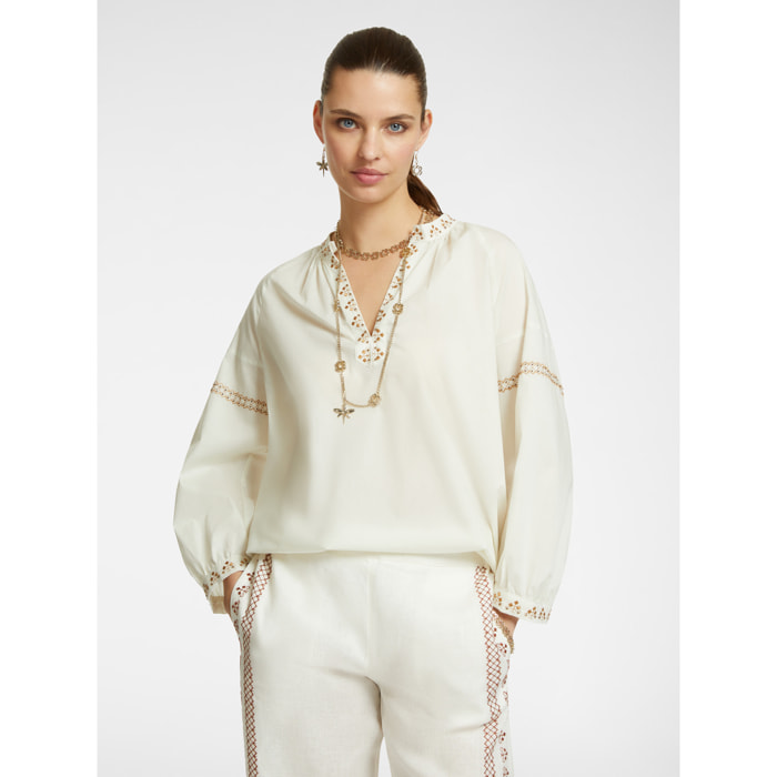 Elena Mirò - Blusa con bordado étnico - Blanco