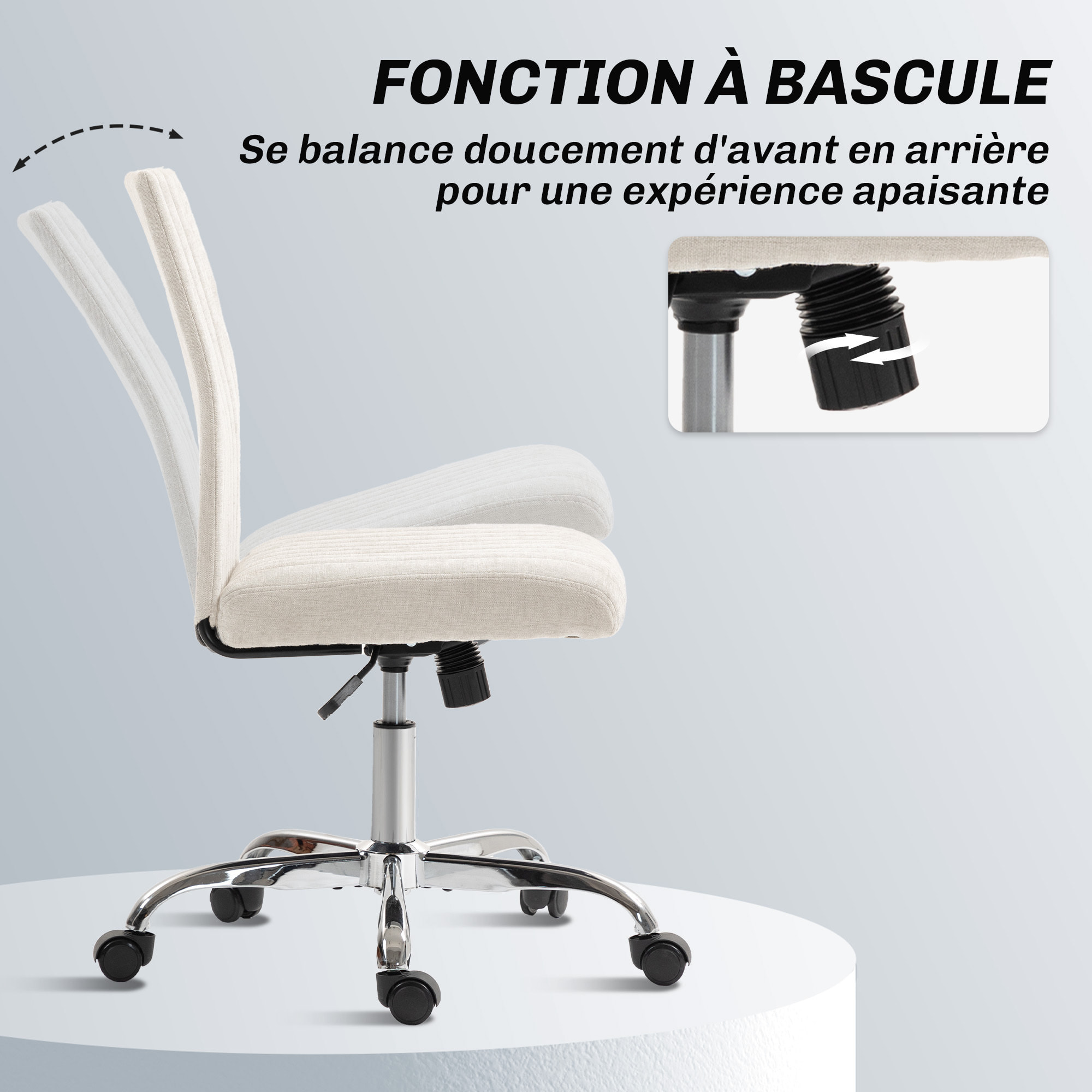 Chaise de bureau design sans accoudoirs surpiqûres verticales tissu blanc cassé