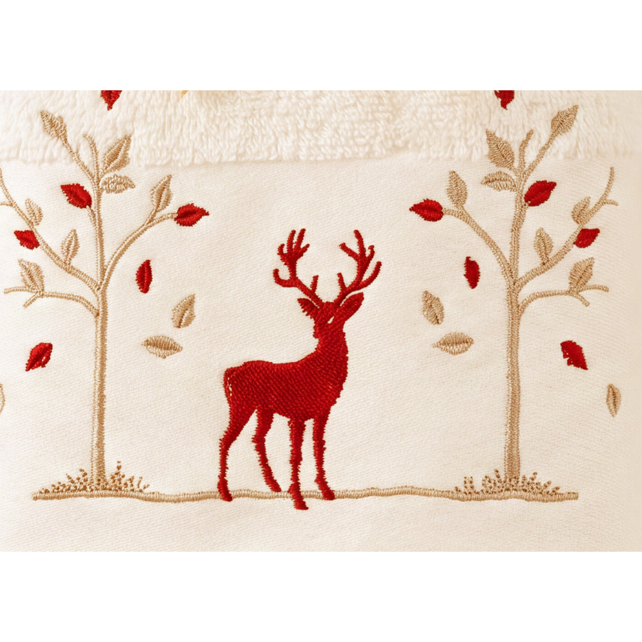 Set Asciugamano Ospite in Spugna 100% Cotone Fantasia Tirolese Natalizia Disegno Renna Bosco Panna