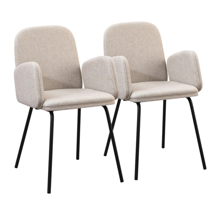 Set 2 sedie con braccioli in tessuto beige e gambe nere in metallo - Kendal