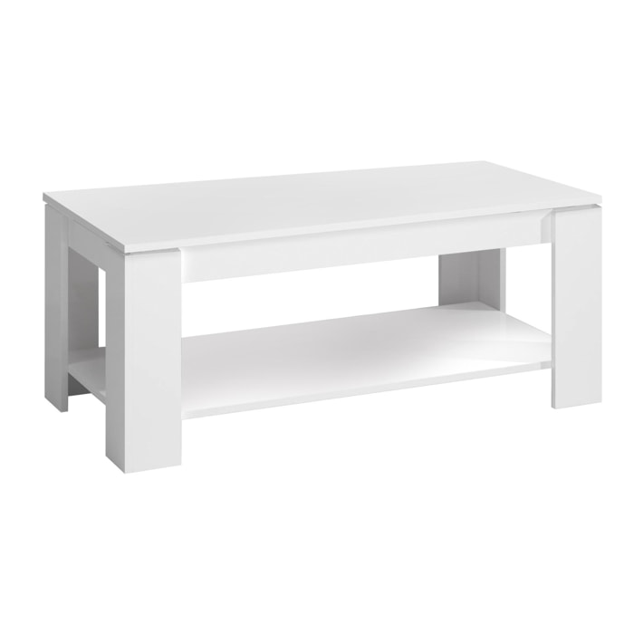 Tavolino da salotto Chicago, Tavolino da caffè con ripiano elevabile, Tavolo basso da soggiorno, cm 102x50h43/54, Bianco opaco