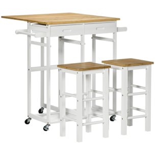 Juego de Mesa Alta de Bar y 2 Taburetes, Mesa Alta de Cocina de Bambú con Ruedas, Tablero Plegable, Ahorro Espacio, Cajones, Toalleros y Reposapiés, Natural y Blanco