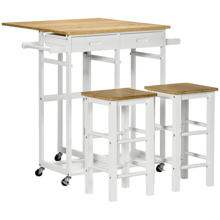 Juego de Mesa Alta de Bar y 2 Taburetes, Mesa Alta de Cocina de Bambú con Ruedas, Tablero Plegable, Ahorro Espacio, Cajones, Toalleros y Reposapiés, Natural y Blanco