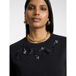 Elena Mirò - T-shirt con ricamo floreale e strass - Nero
