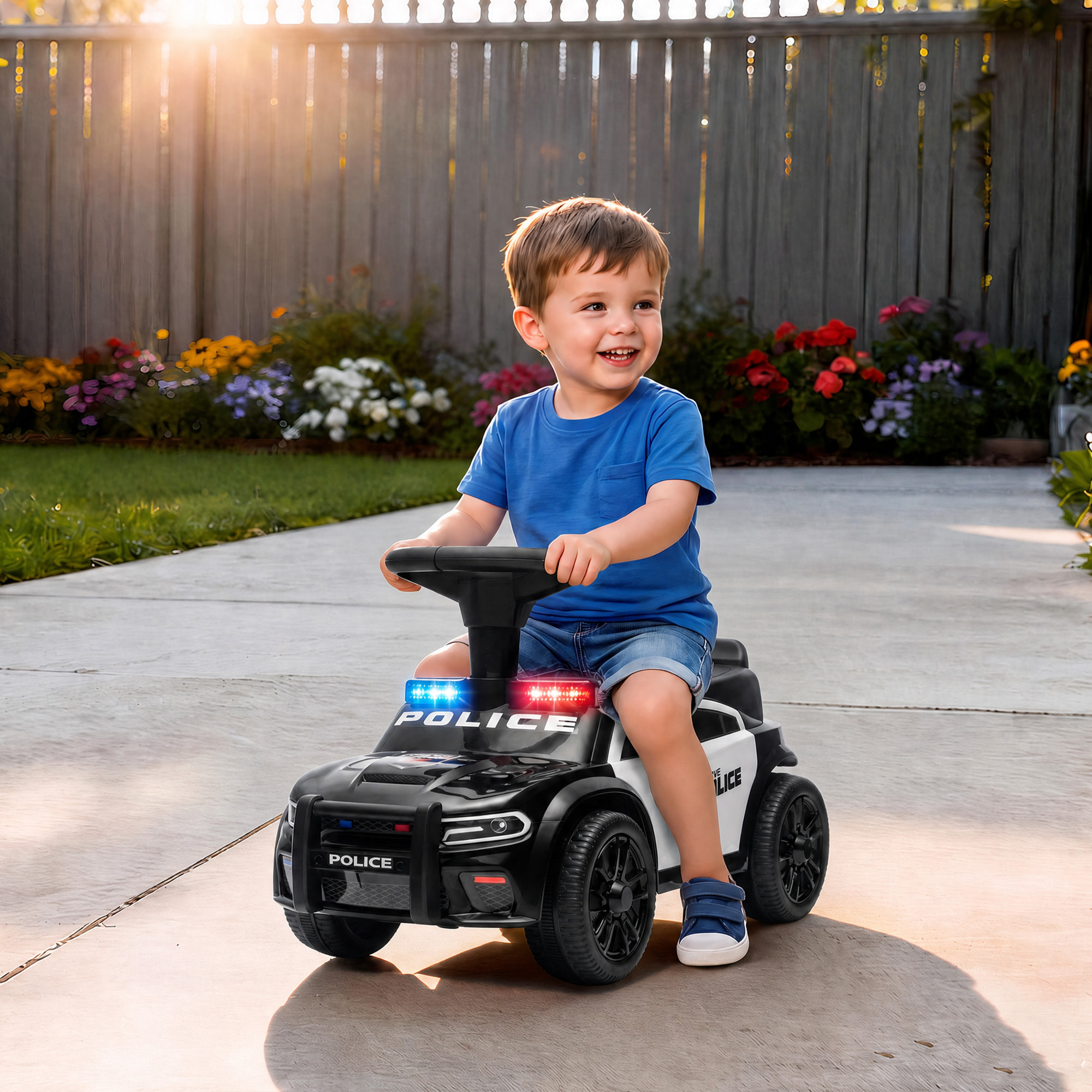 AIYAPLAY Coche Correpasillos de Policía para Niños de 18-36 Meses, Correpasillos con Luz, Música y Espacio de Almacenaje, 65x29,5x36 cm, Negro