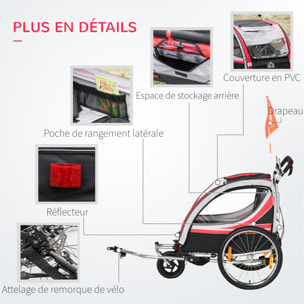 Remorque vélo jogger 2 en 1 pour enfant drapeau roue avant pivotante réflecteurs et barre d'attelage inclus rouge noir