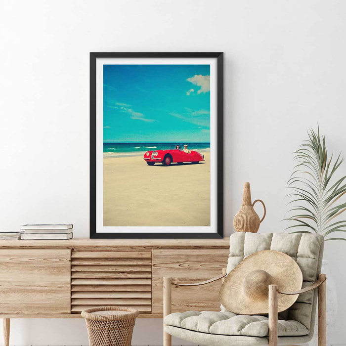 Poster red car Affiche + cadre en bois - Noir