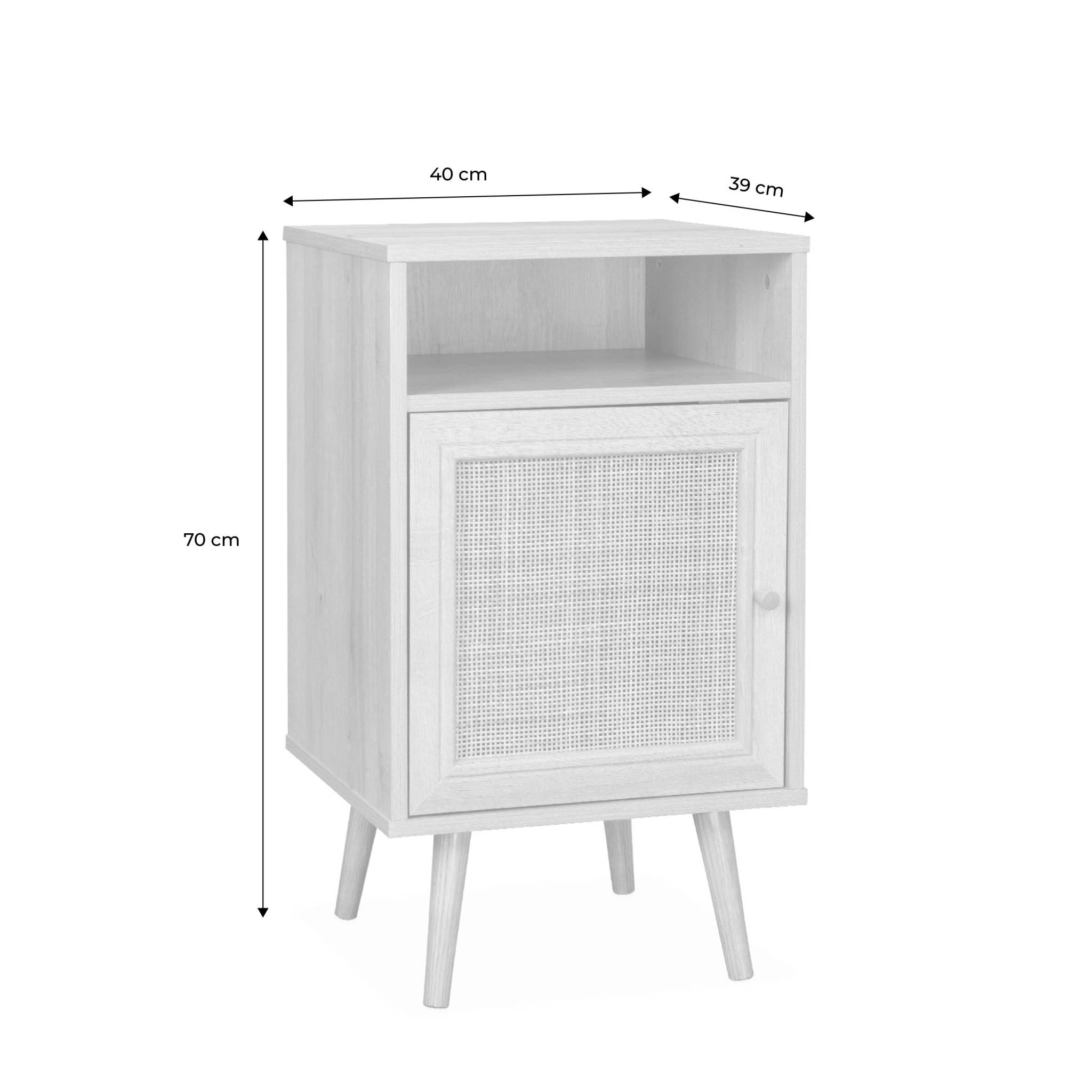 Lot de 2 tables de chevet en cannage - Bohème - 40x39x65.8cm Blanc  - 2 niveaux - 1 portes - 1 espace de rangement - pieds scandinaves