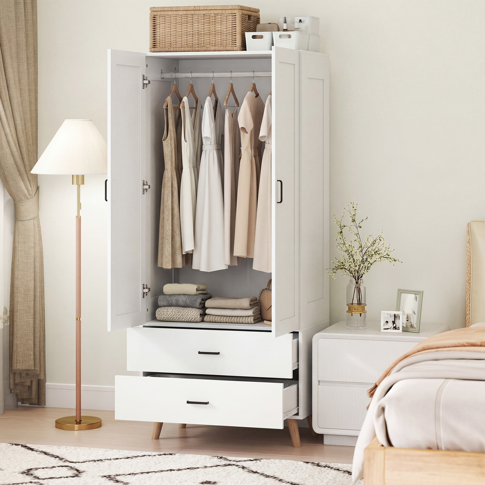 Armoire penderie 2 portes 2 tiroirs et barre de suspension, 80x54x180cm, blanc
