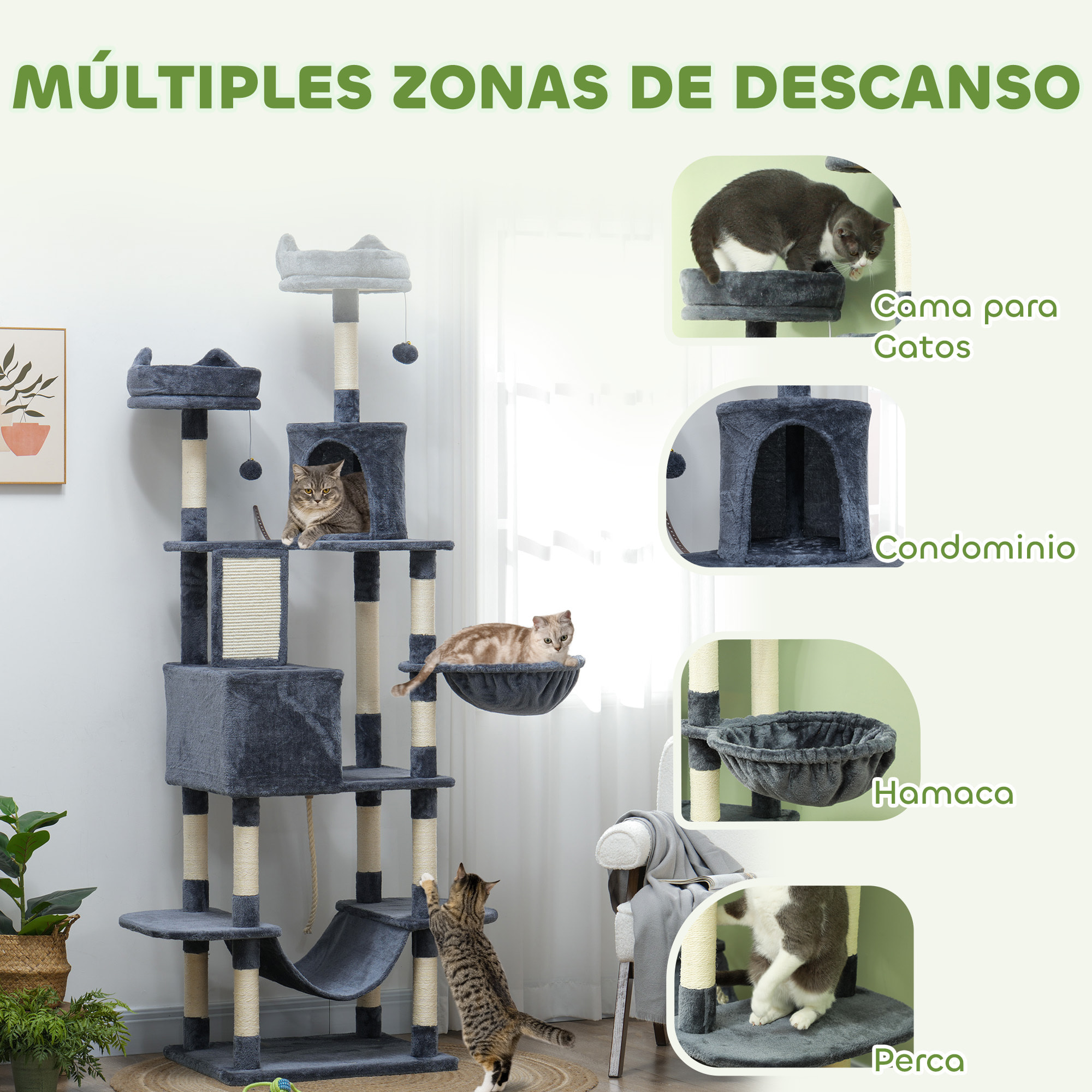 Rascador para Gatos Grande Altura 206 cm Árbol para Gatos Torre de Escalera con Plataformas Cuevas Bolas Colgantes y Hamacas Gris Oscuro