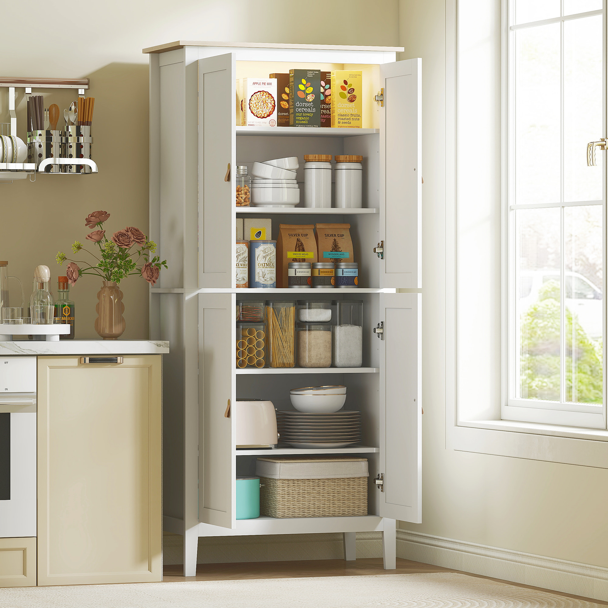 Armoire de cuisine LED - 4 portes, 6 niveaux - poignée bouton doré effet cuir MDF blanc effet bois