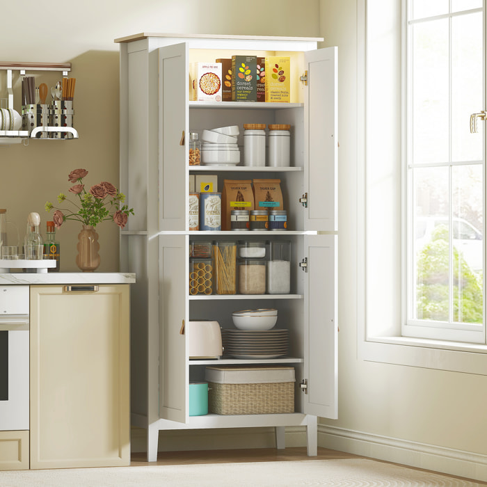 Armoire de cuisine LED - 4 portes, 6 niveaux - poignée bouton doré effet cuir MDF blanc effet bois