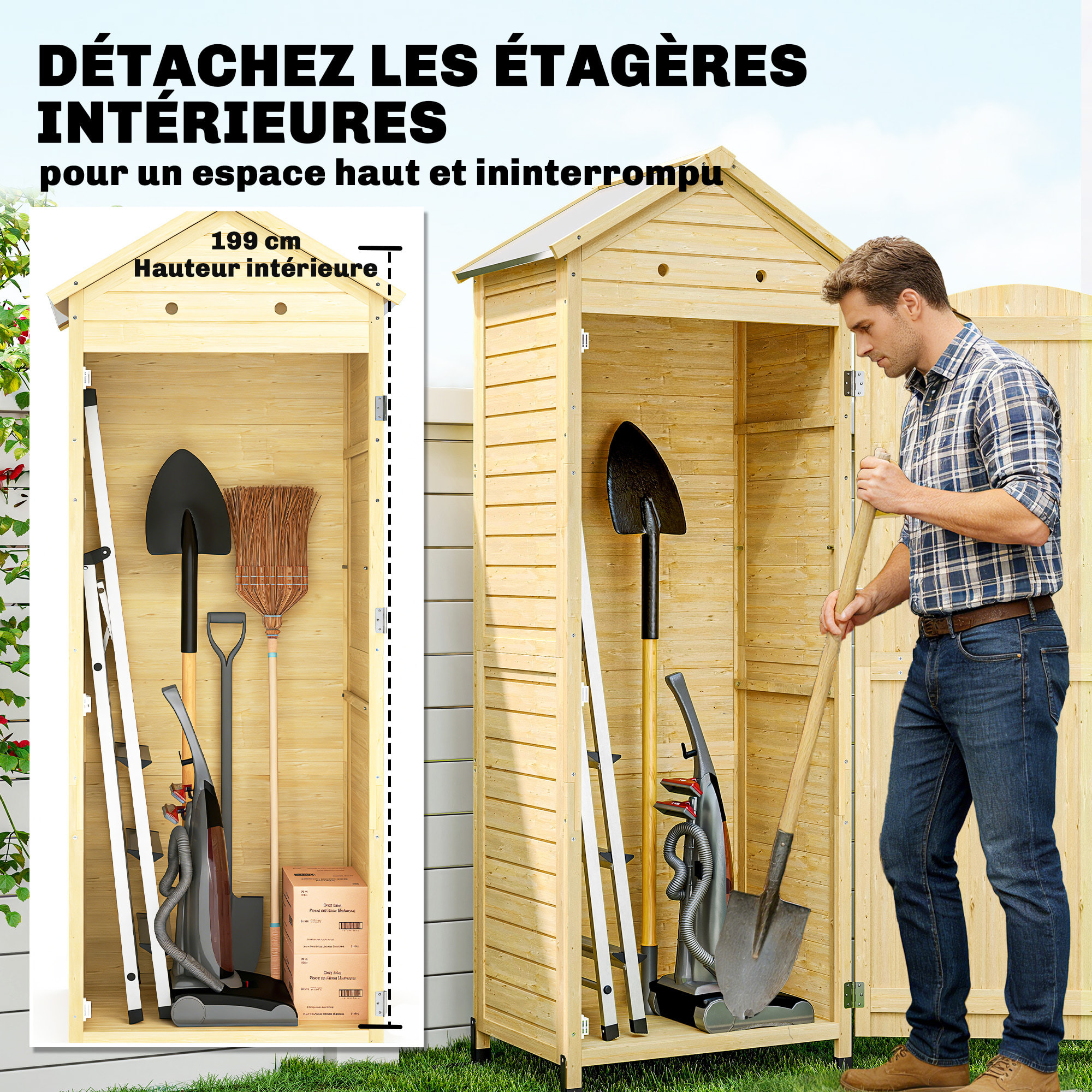 Armoire de jardin bois sur pieds H.213cm 2 étagères toit double pente métal