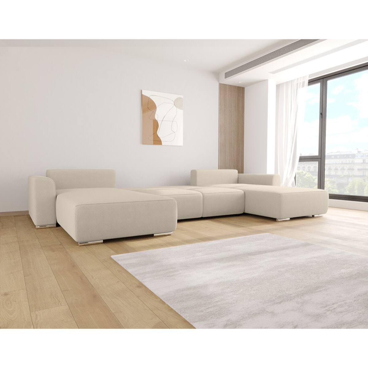 Gabriel - Canapé panoramique en U 7 places convertible avec coffre en tissu texturé - Beige