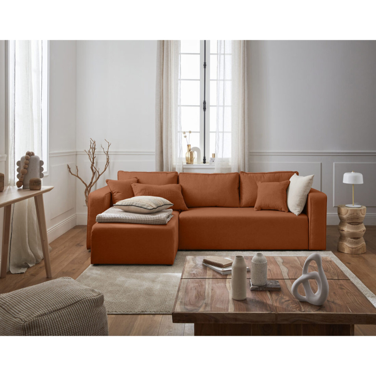 Topaze - canapé d'angle réversible - 4 places - convertible avec coffre - en tissu - Terracotta