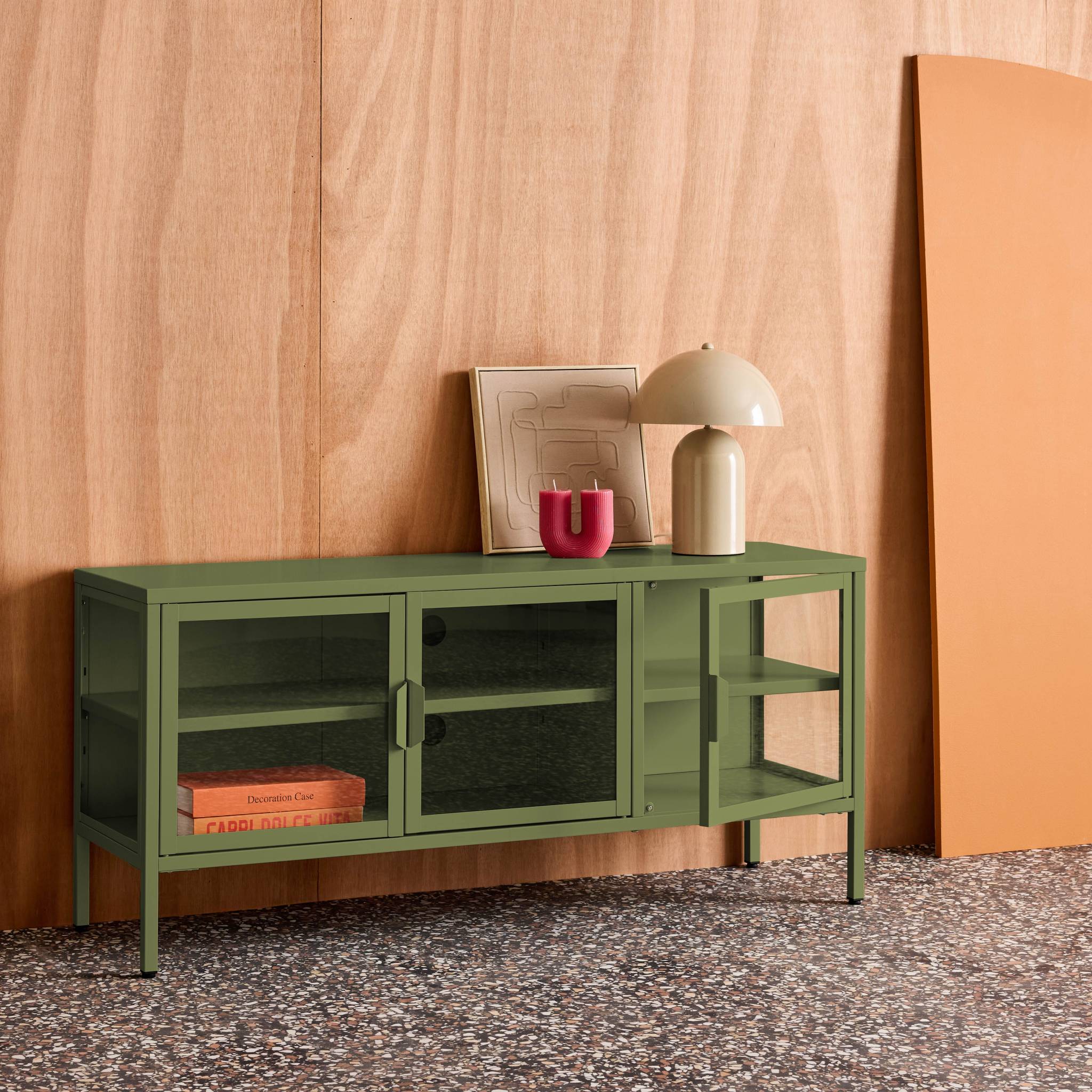 Meuble TV industriel métal et verre trempé 3 portes 120cm ARKANSAS