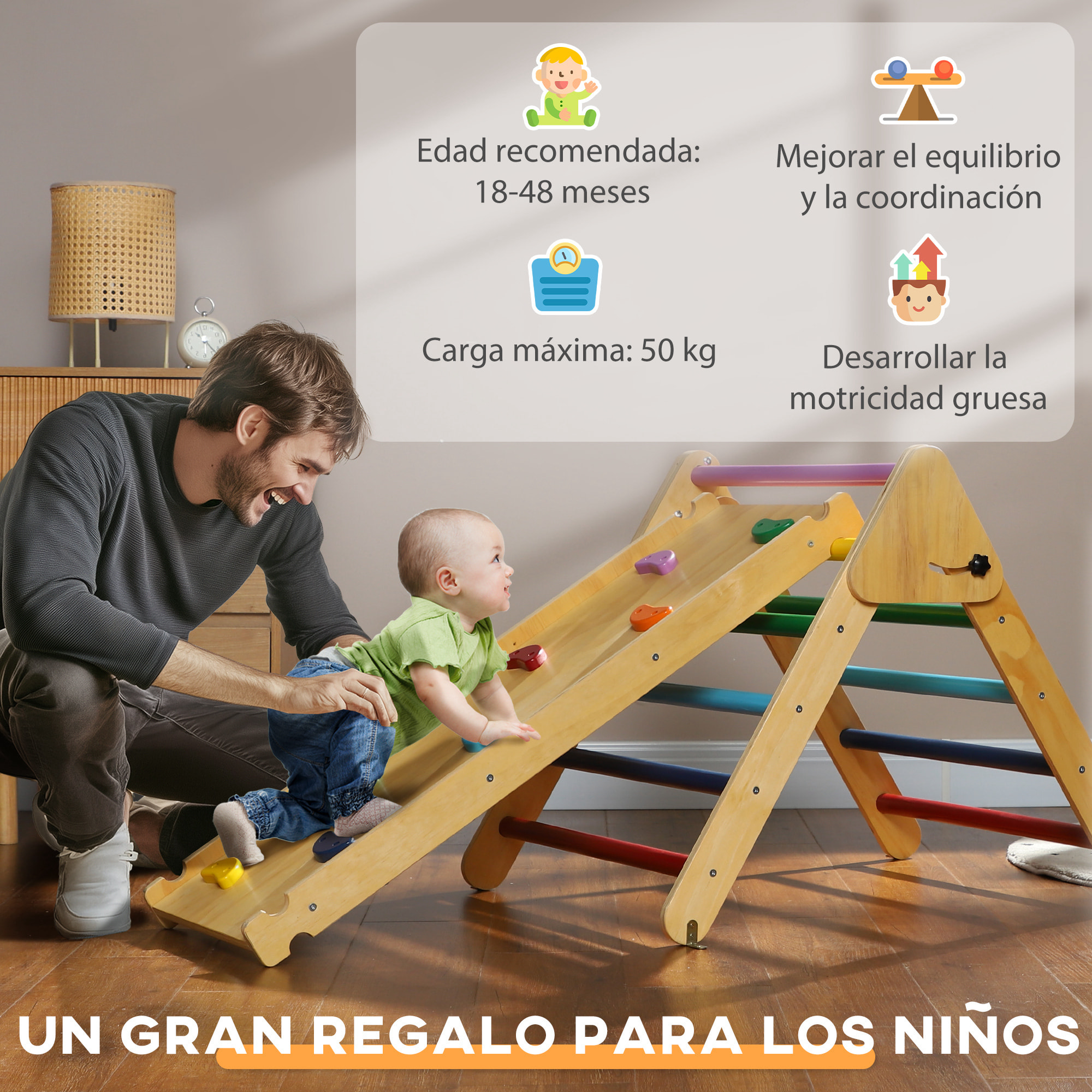 Triángulo de Escalada de Madera 3 en 1 Escalada para Niños de 18-48 Meses con Rampa para Deslizarse o Escalar 147x64,5x63 cm Multicolor