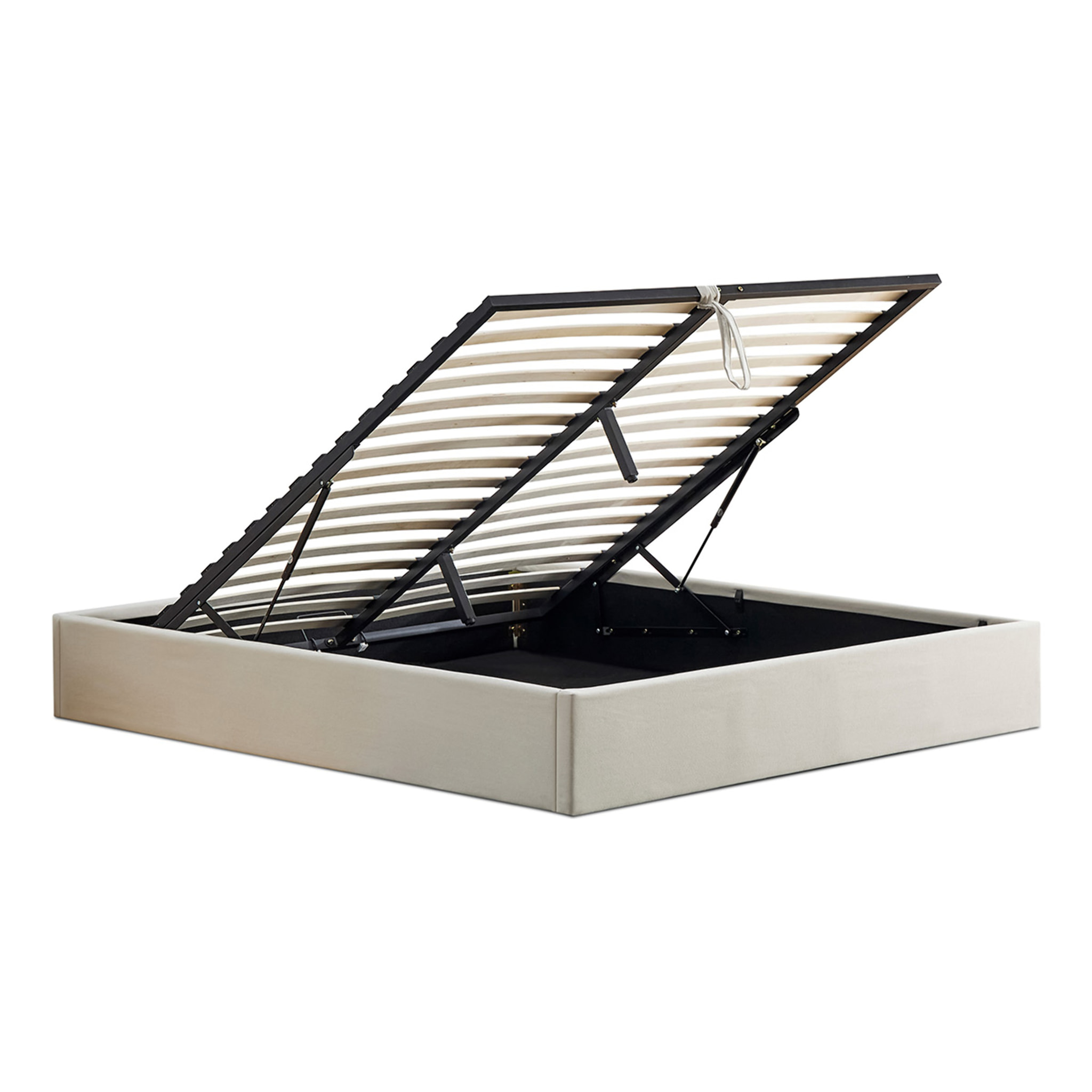 Lit Coffre Atlas en Tissu Beige, Grand espace de rangement, Sommier à Lattes actives, Structure Robuste, Design Moderne