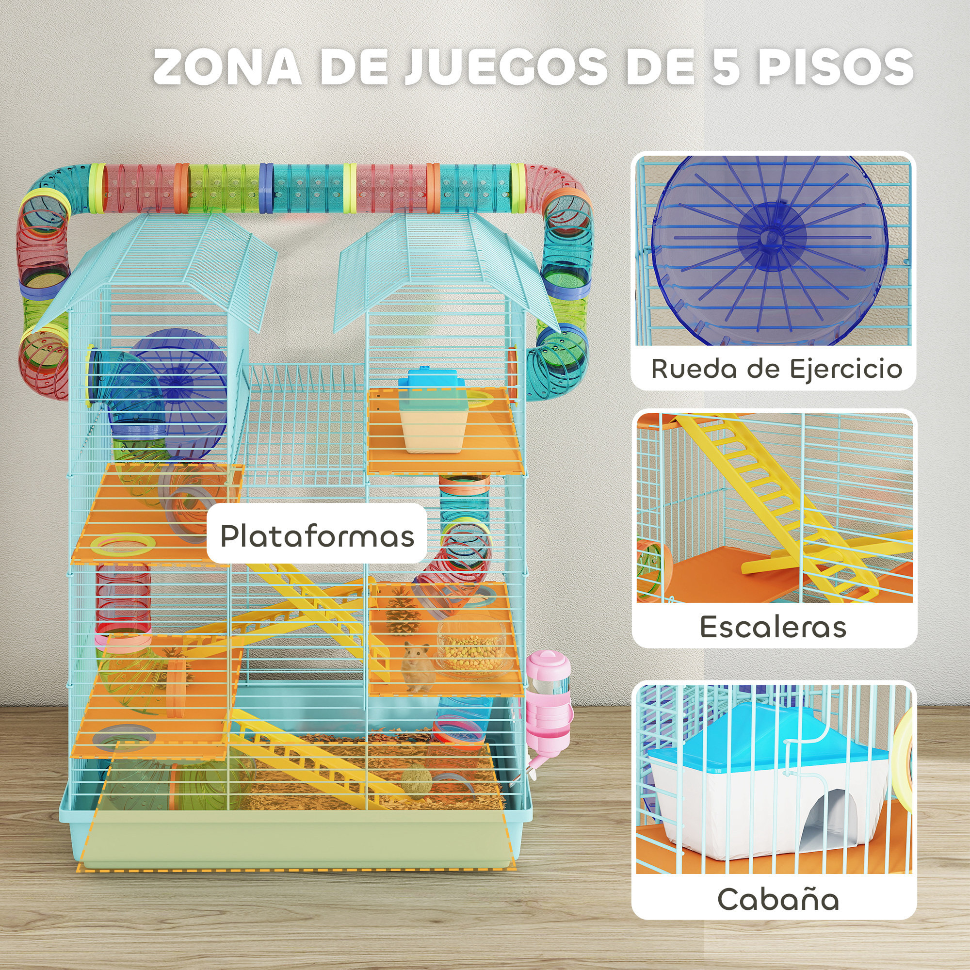 Jaula para Hámster Hábitat para Animales Pequeños de Múltiples Niveles con 4 Plataformas Cuenco de Comida Bebedero Rueda de Ejercicio Escaleras Sistema de Tubos 47x30x59 cm Azul Claro