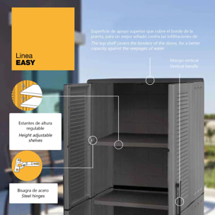 Armario de mediana altura en polipropileno, material reciclable y ecológico sostenible, está equipado con bisagras de acero y estantes ajustables, dim