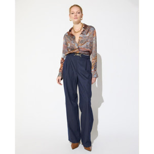 Pantaloni blu notte con gessatura dorata e fibbia personalizzata (m) in vita