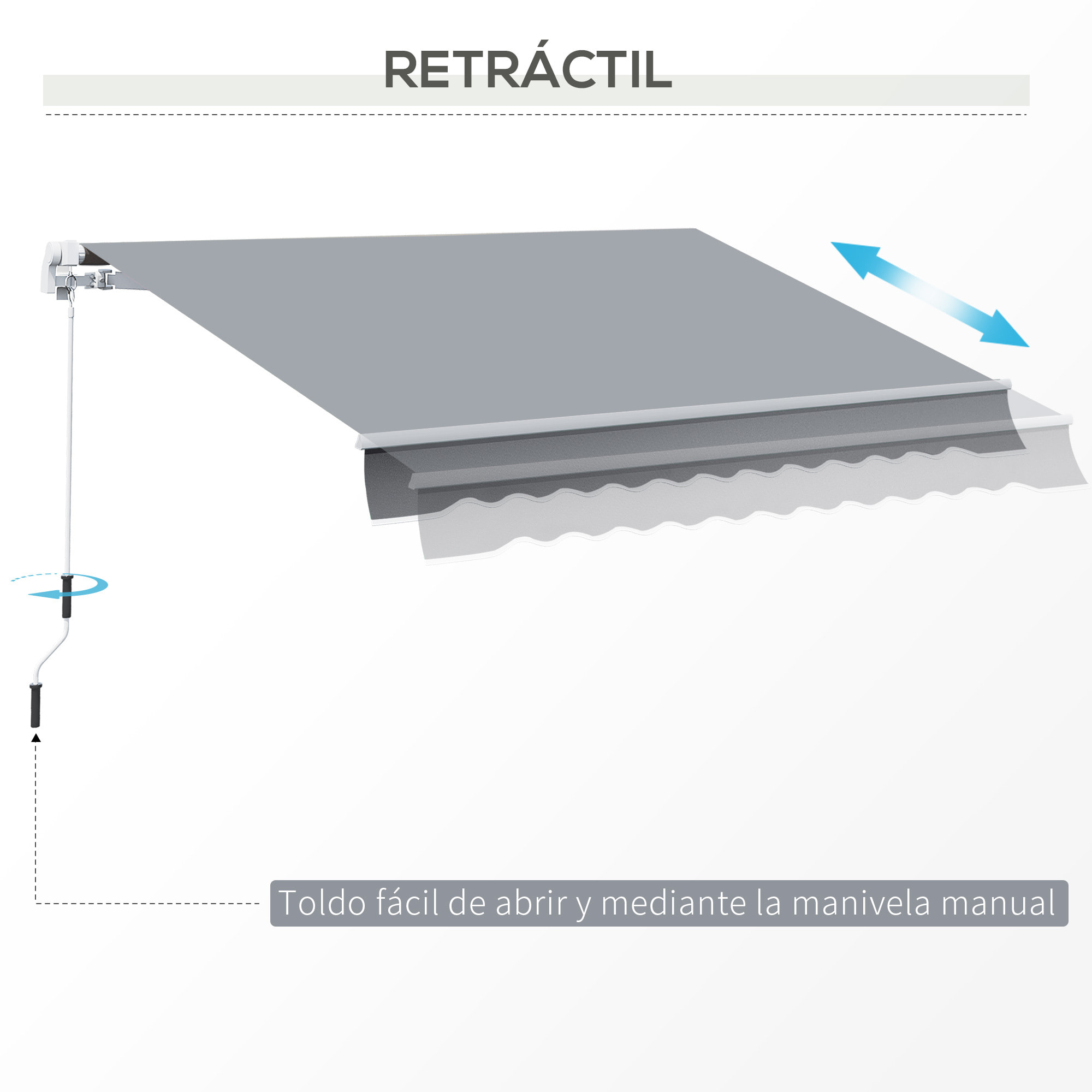 Toldo Manual Retráctil, 4x2,5 cm, Toldo para Balcón con Manivela, Anti-UV, Marco de Aluminio, Toldo Enrollable de Exterior para Jardín, Terraza, Ventanas, Gris