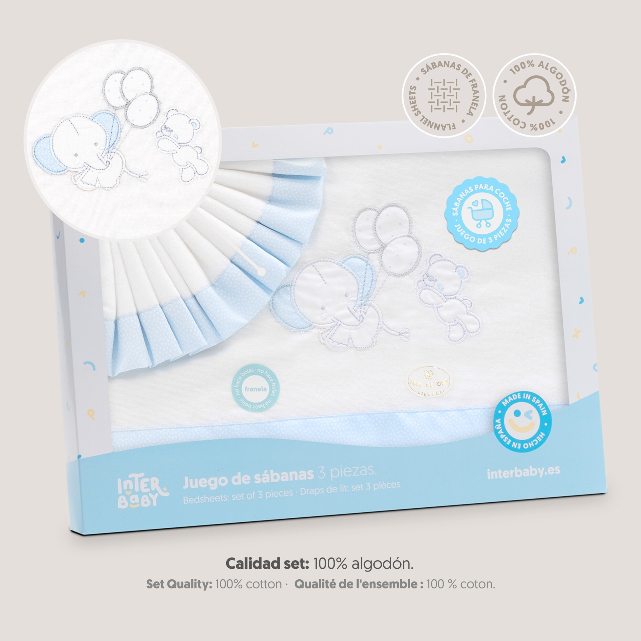 Triptico Coche Franela Oso Elefante Globos Bco/Azul