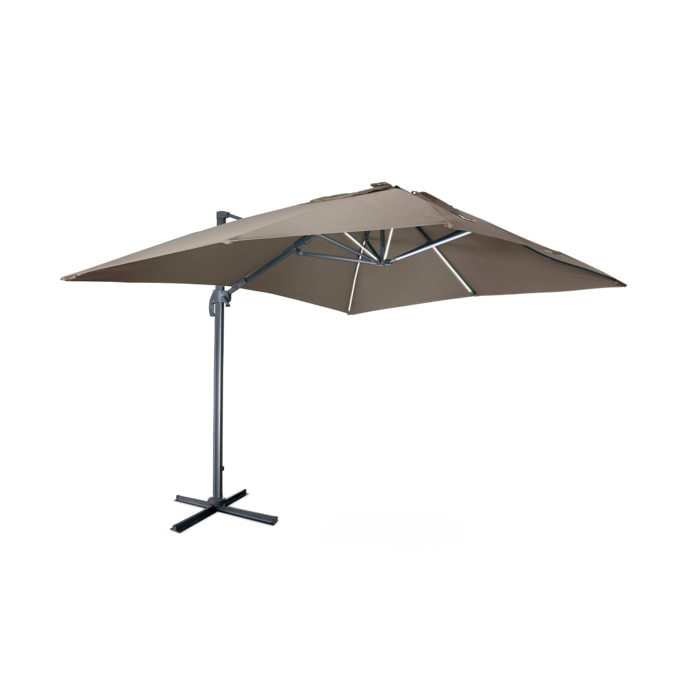 Parasol déporté solaire LED rectangulaire 3x4m haut de gamme - Luce Taupe - Parasol excentré inclinable. rabattable et rotatif à 360°. chargeur solaire