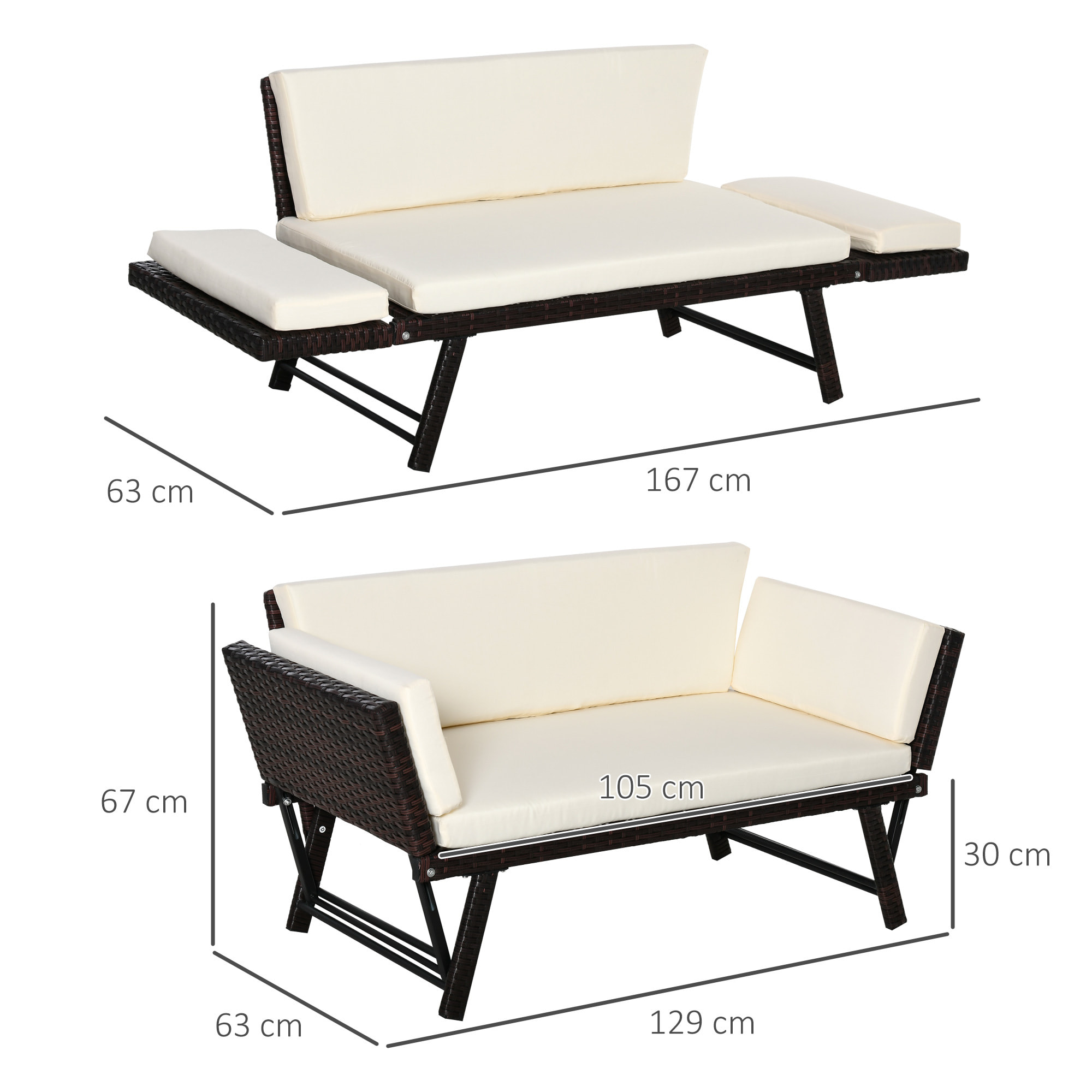 Sofá de Dos Plazas Ratán Sintético Convertible en Cama con Cojín Jardín Exterior