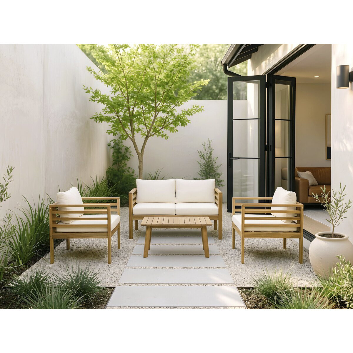 Salon de jardin en bois avec coussins inclus "Beckham" - 4 places - Beige