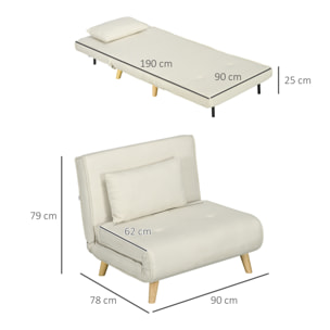 Sofá Cama Individual 2 en 1 Sillón Cama Plegable Sillón Individual con Respaldo Ajustable y Cojín para Sala Dormitorio Oficina en Casa Carga 125 kg 90x78x79 cm Beige