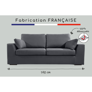 Canapé 3 pl TRESSIN 190 cm fixe tissu coton Anthracite - 100% déhoussable - Fab. France