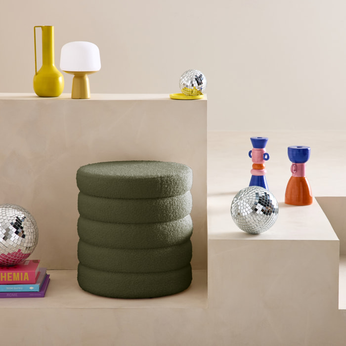 Tabouret en bouclettes kaki avec coffre de rangement intégré