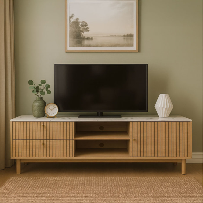 TOMAR Meuble TV aspect bois rainuré et marbre avec tiroirs et placard 150cm