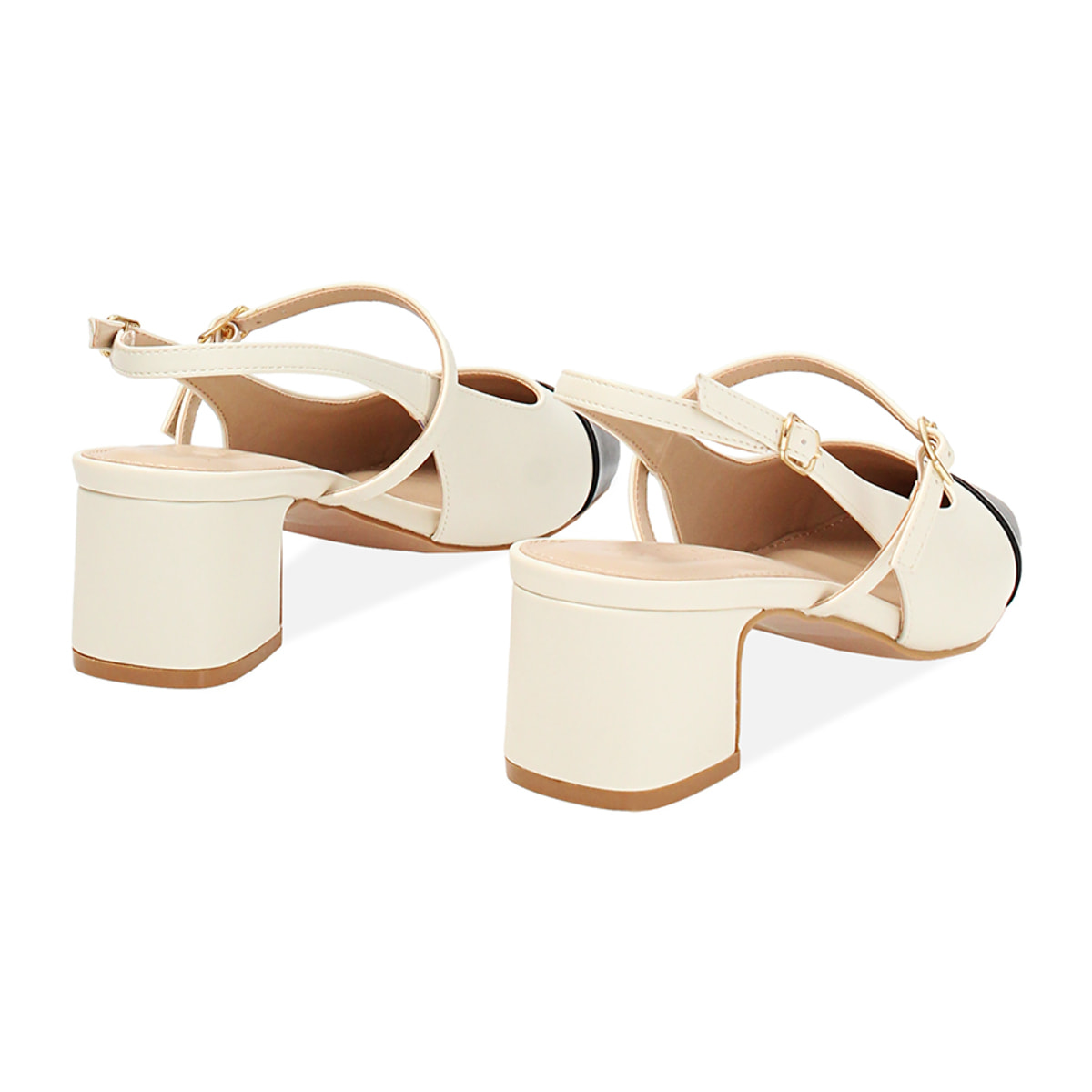 Décolleté slingback donna panna-nere, tacco largo 5 cm